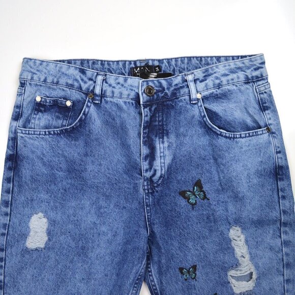 BoohooMan Skinny Butterfly Print Ripped Jeans - Picture 5 of 7